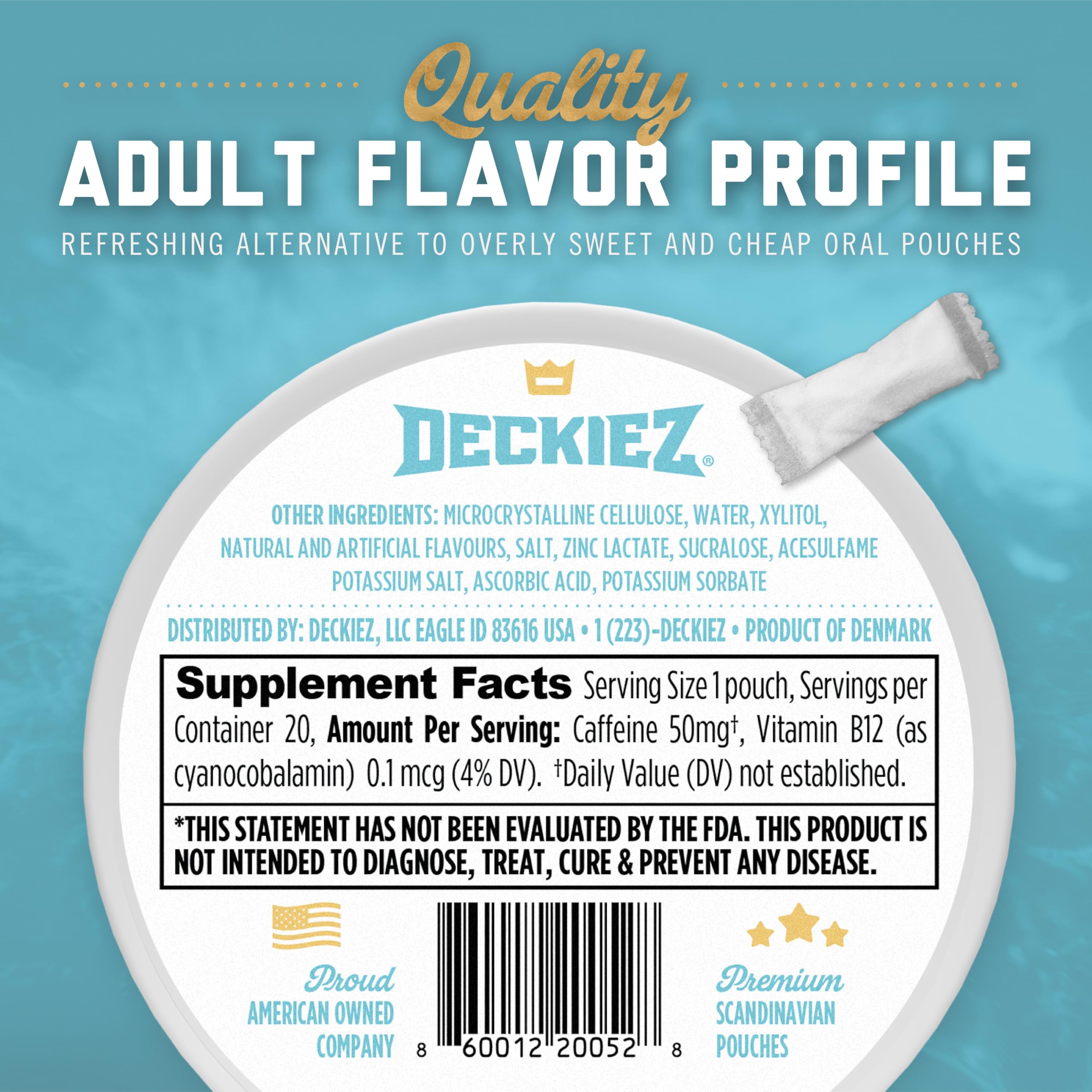 Deckiez Energy Pouches easy-use scene showing placement between gum and cheek