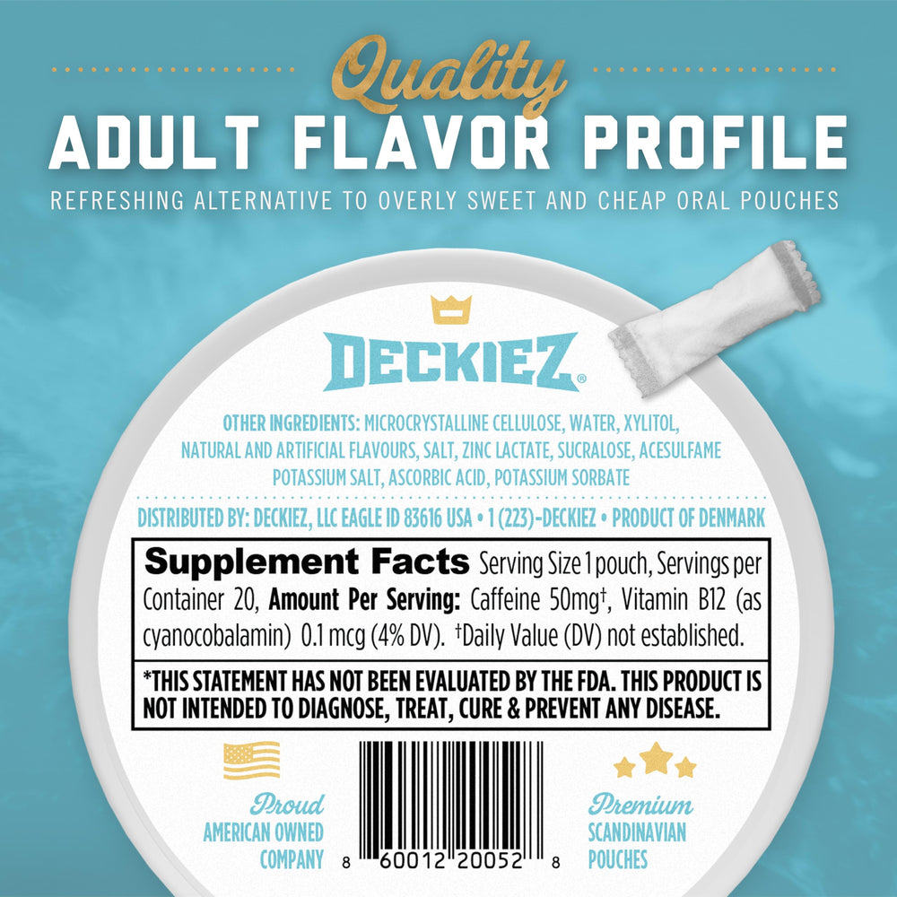Deckiez Energy Pouches easy-use scene showing placement between gum and cheek