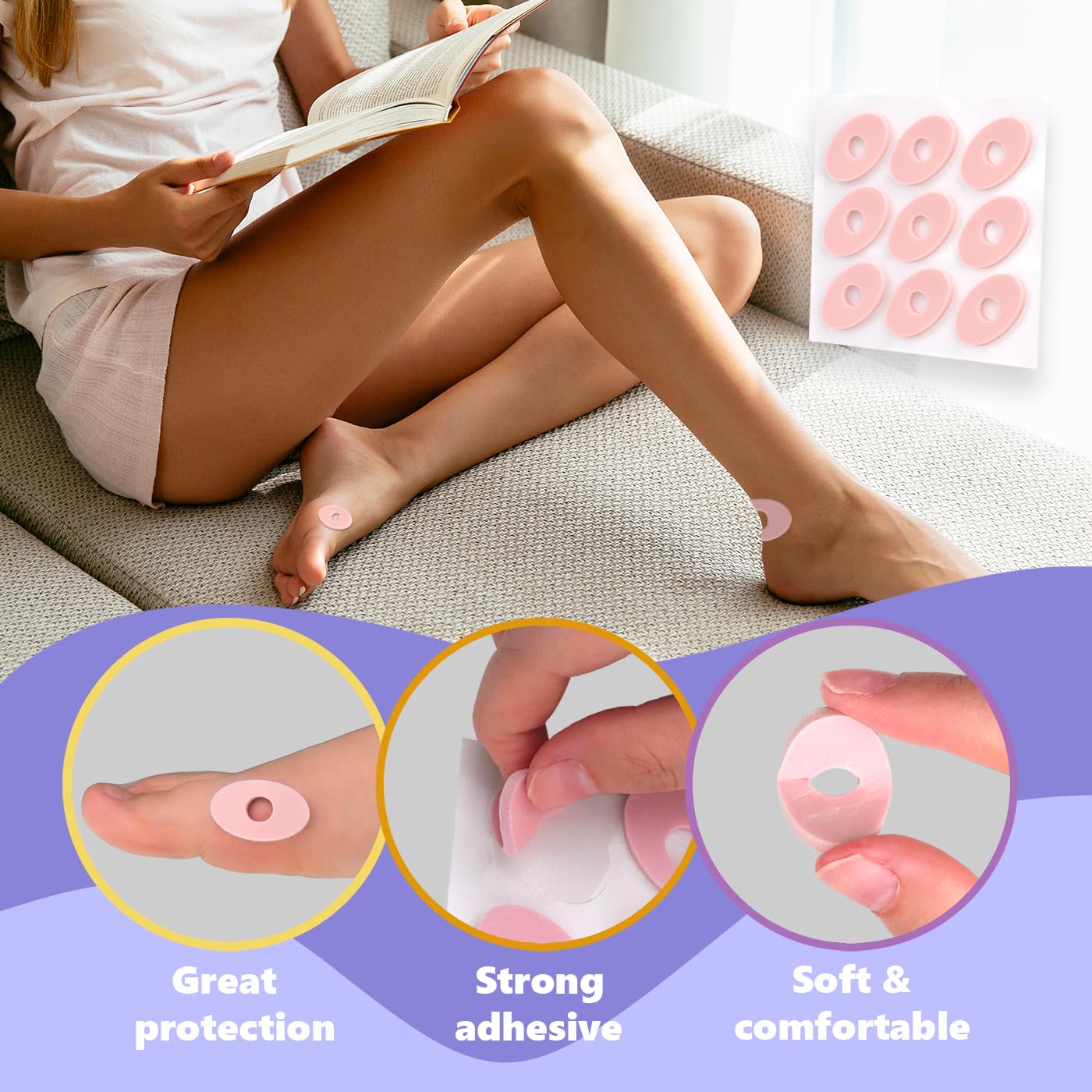 Decproch corn pads on toe reduce pressure and prevent blister formation.