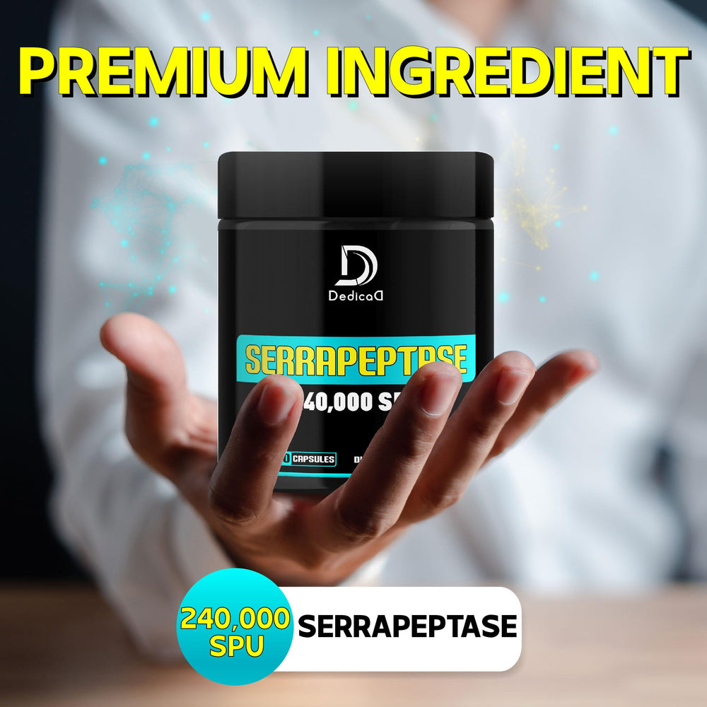 Label detail of DEDICAD Serrapeptase with organic ingredients and third-party testing