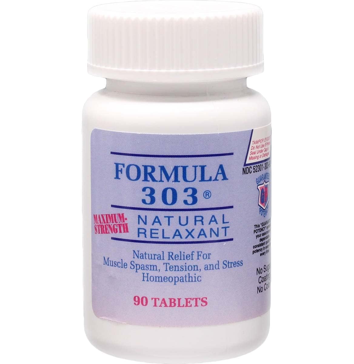 Dee Cee Laboratories Formula 303 bottle label indicating dosage for natural muscle relief