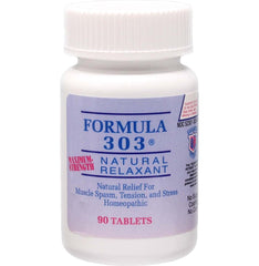 Dee Cee Laboratories Formula 303 bottle label indicating dosage for natural muscle relief
