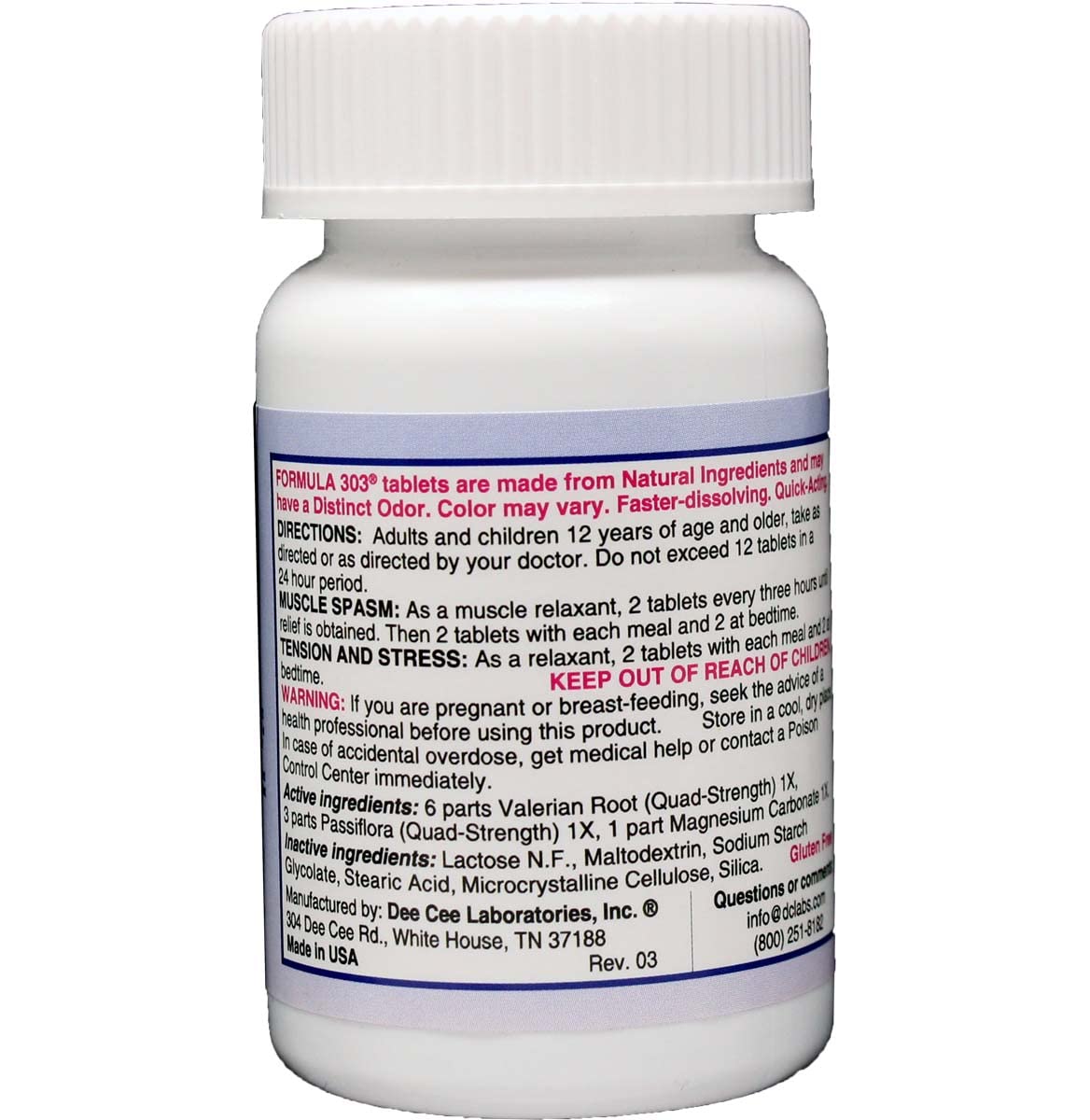 Dee Cee Laboratories Formula 303 tablets, side view, designed for daily natural-relief support