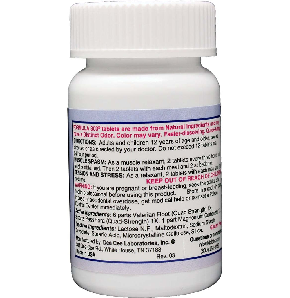 Dee Cee Laboratories Formula 303 tablets, side view, designed for daily natural-relief support
