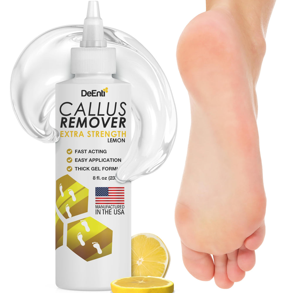 DeEnti Callus Remover bottle for feet with lemon gel softens dry skin