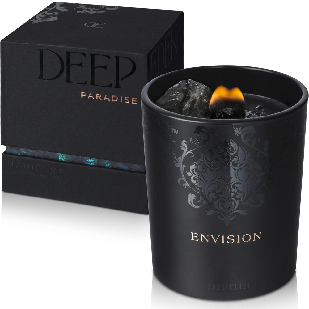Deep Eden candle scene shows tranquil, aromatic ambience setting.