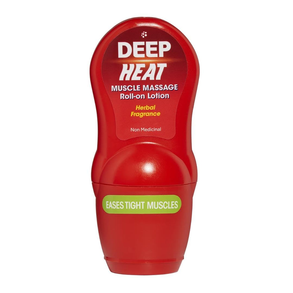 Deep Heat roll-on bottle closeup showing targeted warmth for relief
