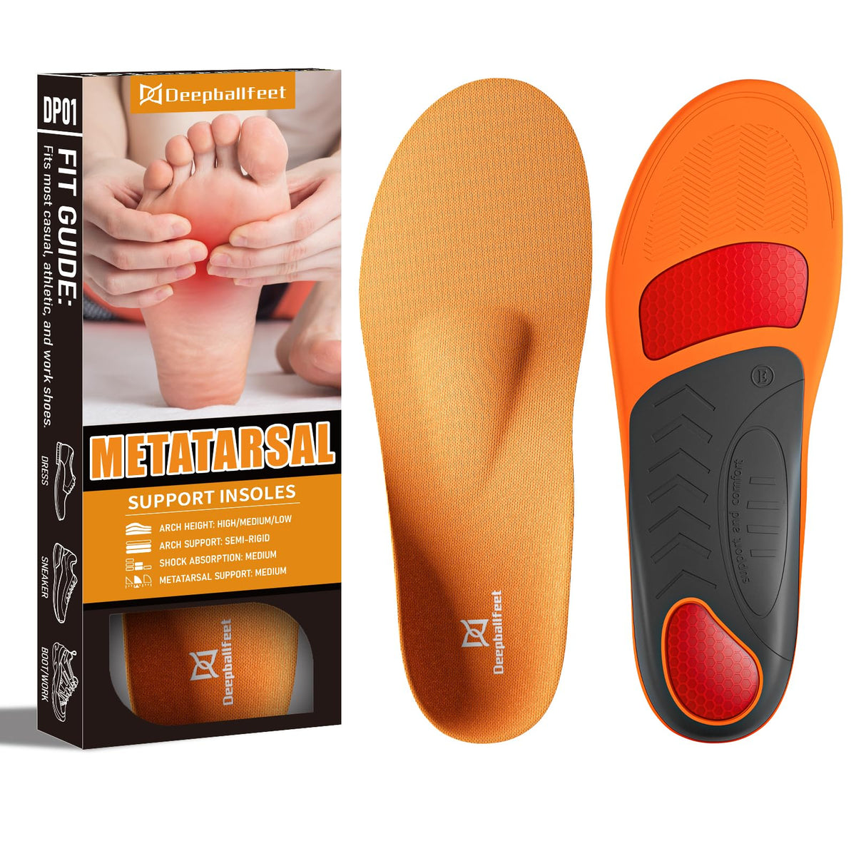 Deepballfeet arch-support insoles provide ergonomic arch correction for all-day comfort.