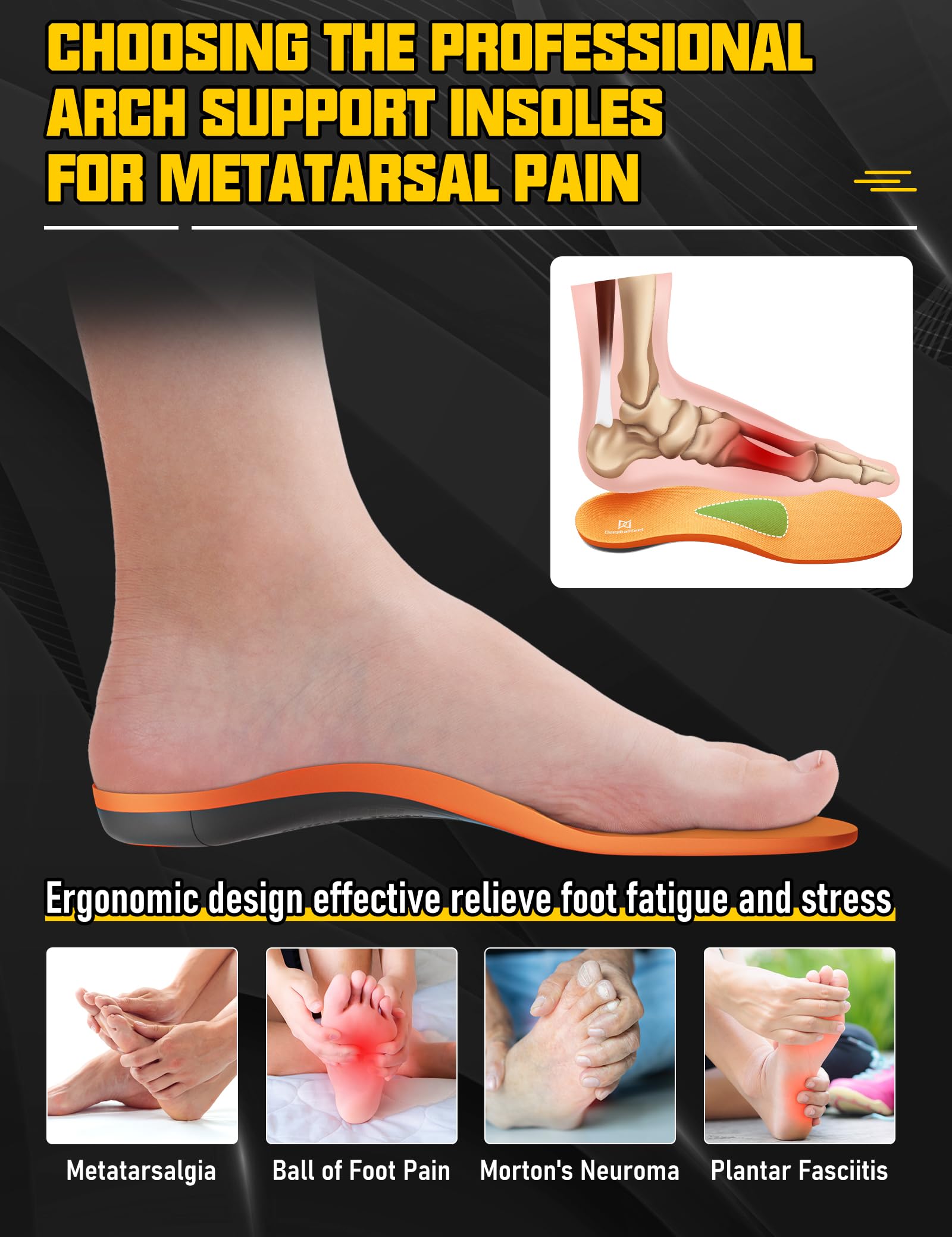 Deepballfeet metatarsal-pads distribute forefoot pressure to ease ball-of-foot discomfort.