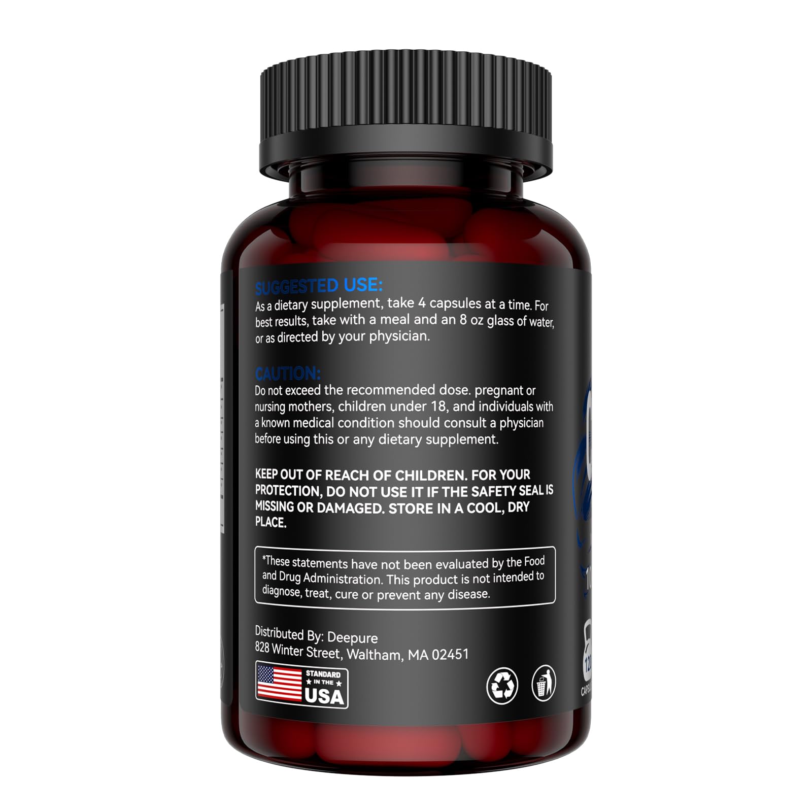 Deepure creatine bottle with glasses and supplement stack for daily routine.