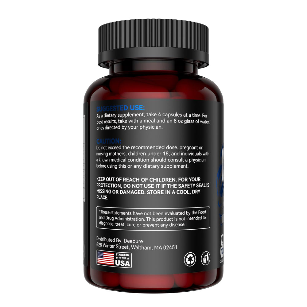 Deepure creatine bottle with glasses and supplement stack for daily routine.