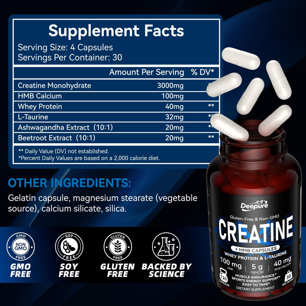 Deepure creatine capsules on desk with protein shaker for daily use.