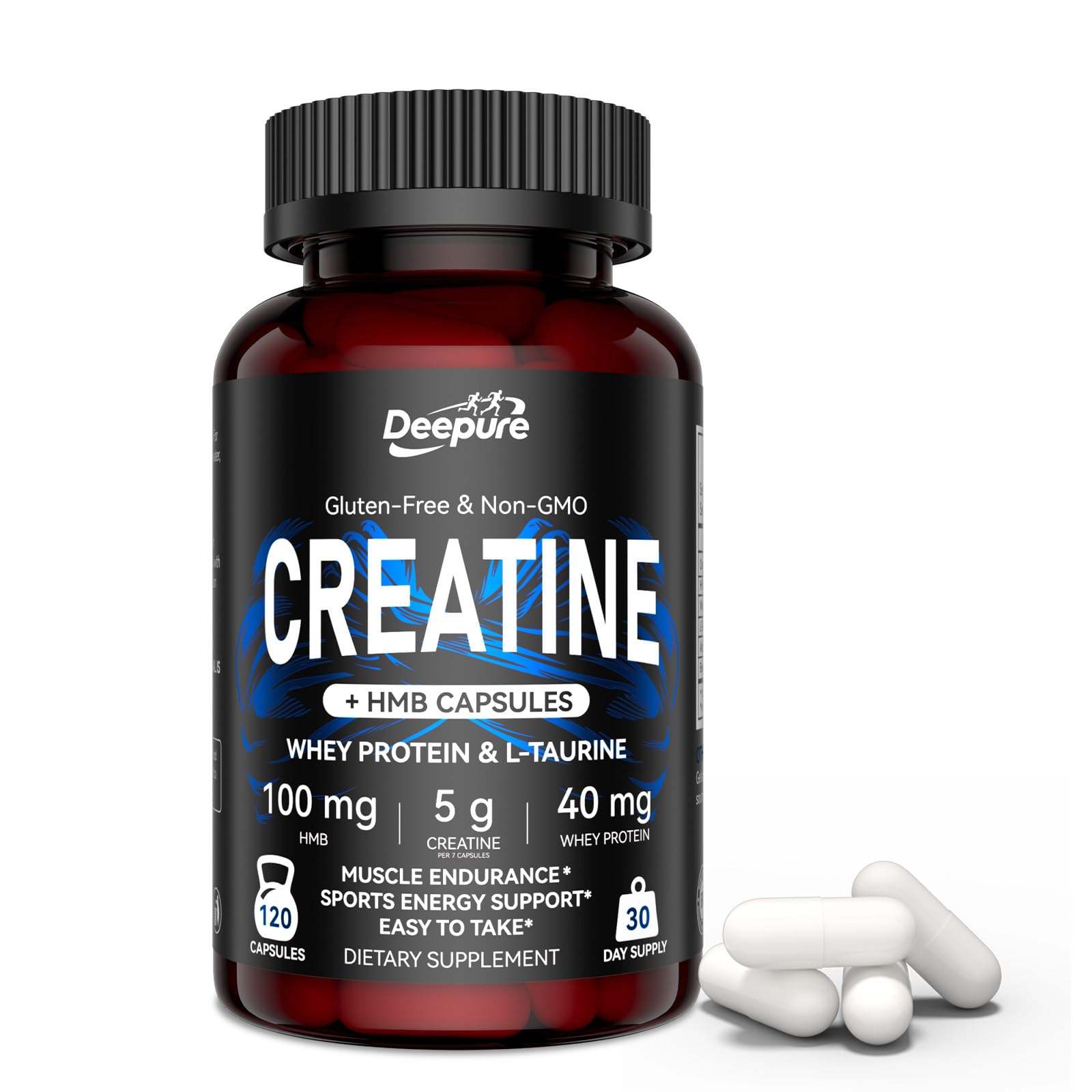 Deepure creatine micronized capsules bottle supports workouts and recovery.