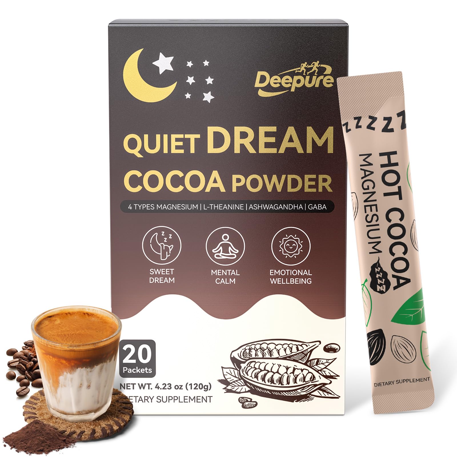 Deepure Dream Chocolate hot cocoa powder can highlights premium ingredients for a soothing nightly ritual