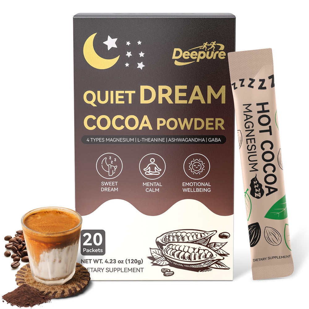 Deepure Dream Chocolate hot cocoa powder can highlights premium ingredients for a soothing nightly ritual