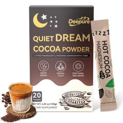 Deepure Dream Chocolate hot cocoa powder can highlights premium ingredients for a soothing nightly ritual