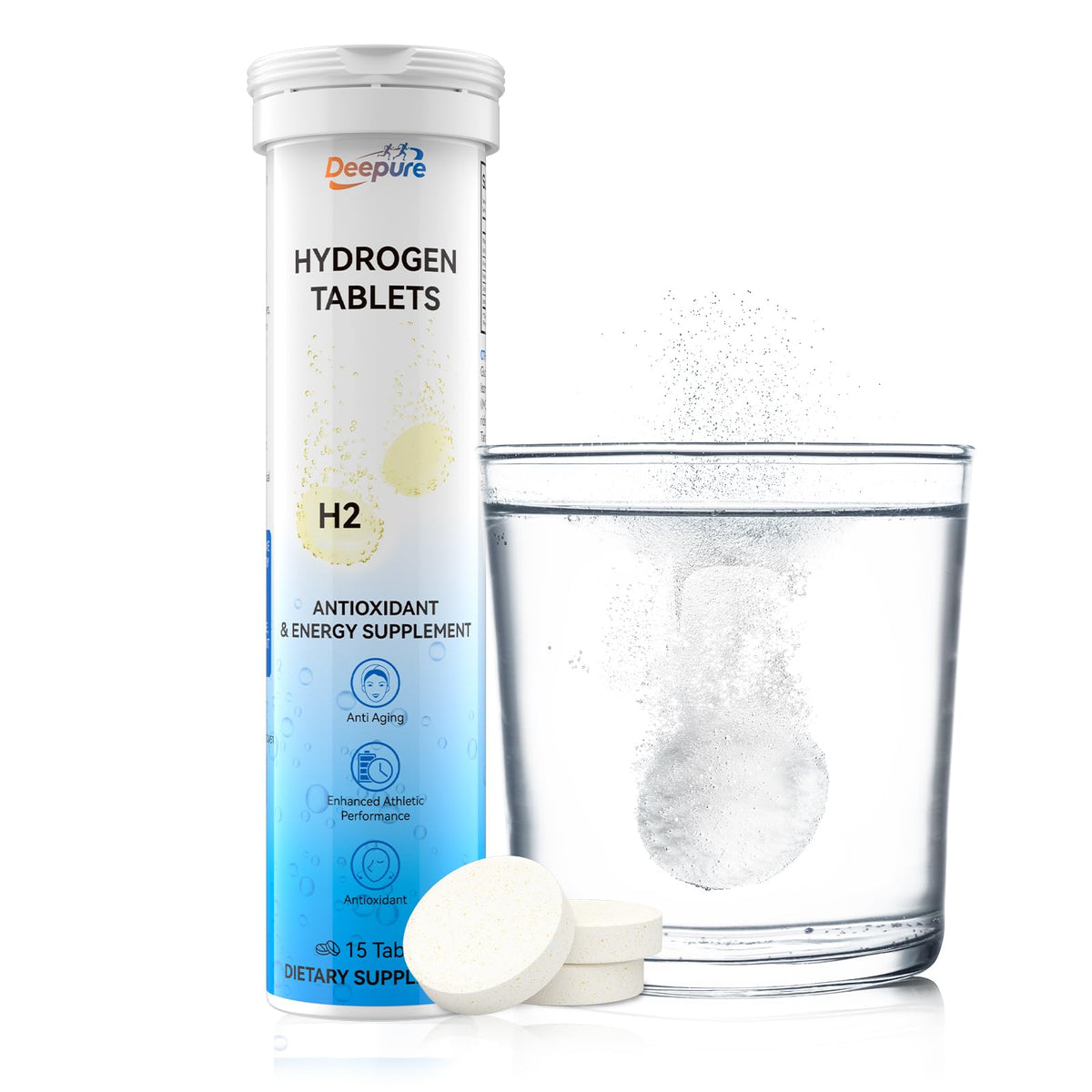 Deepure hydrogen tablets bottle front for on-the-go hydration.