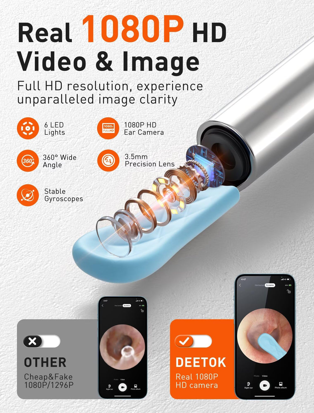 DEETOK ear cleaner camera 1080p inspection view, clear visuals for ear care.