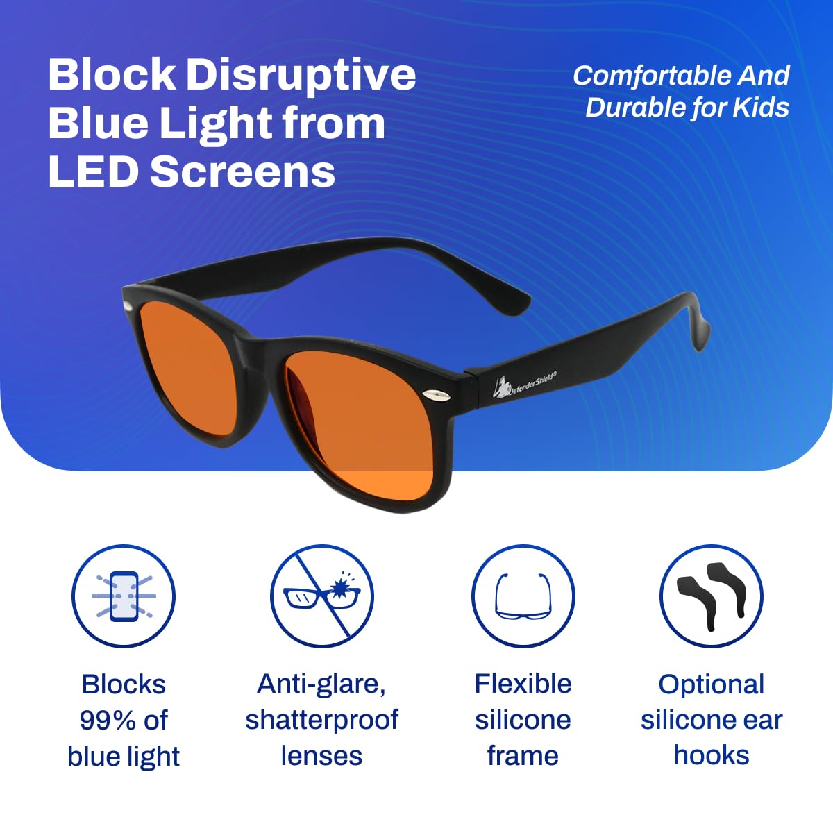 DefenderShield orange lenses for night use, reducing blue light exposure during evening screen sessions.