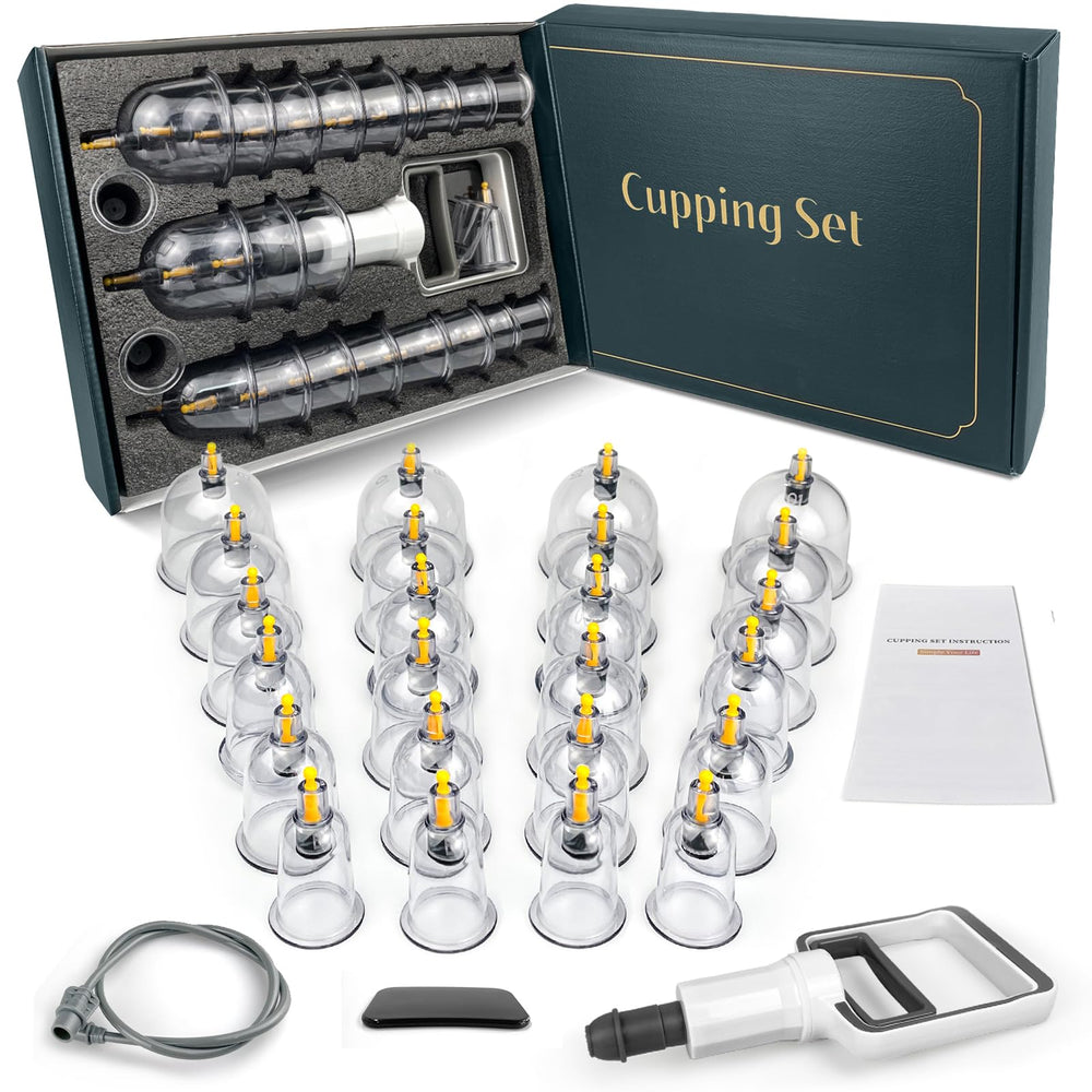 DEFUNX cupping kit with 24 cups and vacuum pump for home muscle relief.