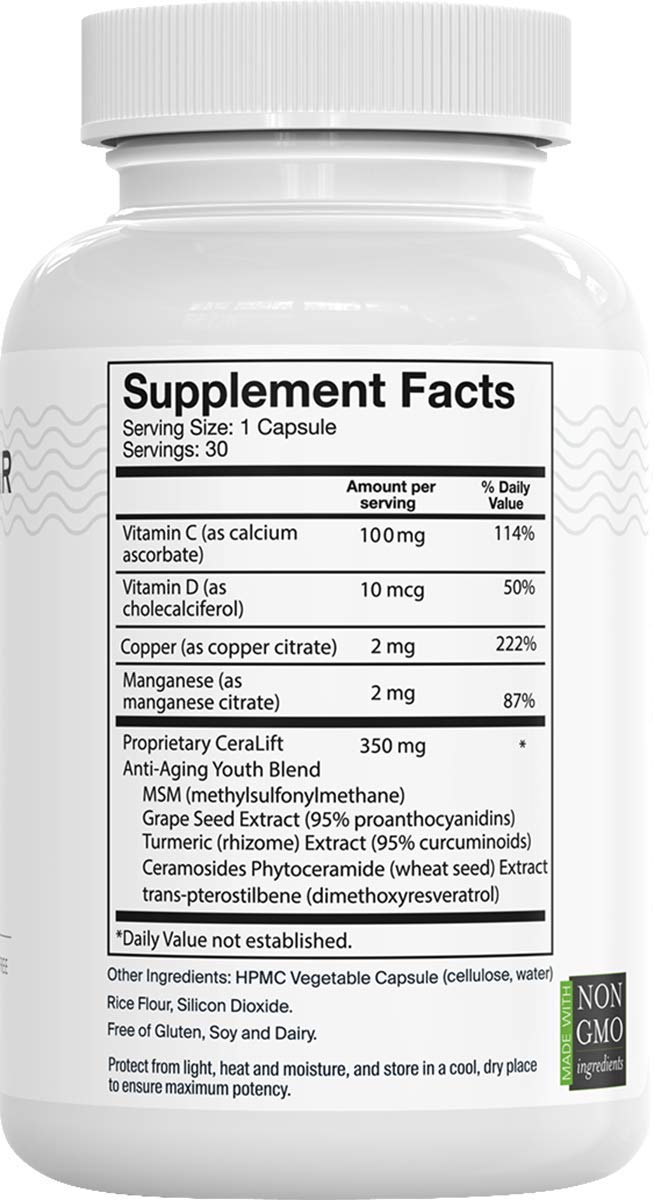 Del Mar Labs CeraLift capsules close-up highlighting vegetarian capsules for daily nourishment