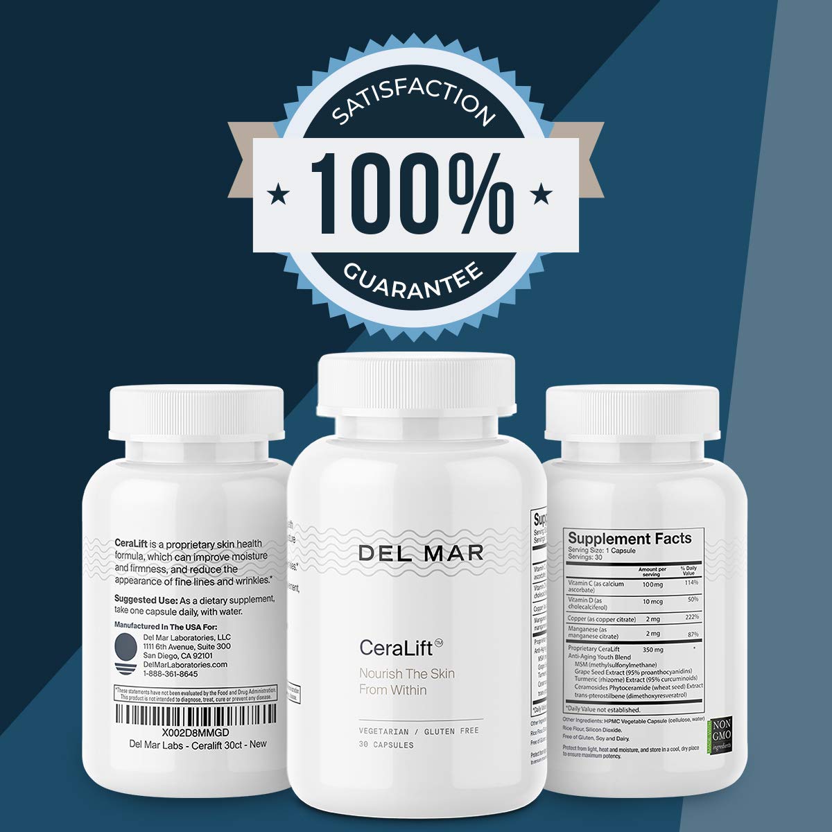 Del Mar Labs CeraLift usage scene depicts a skincare routine with capsules