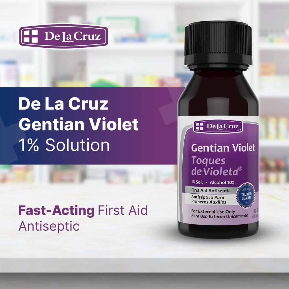De La Cruz Gentian Violet 1% bottle label highlighting external antiseptic use.