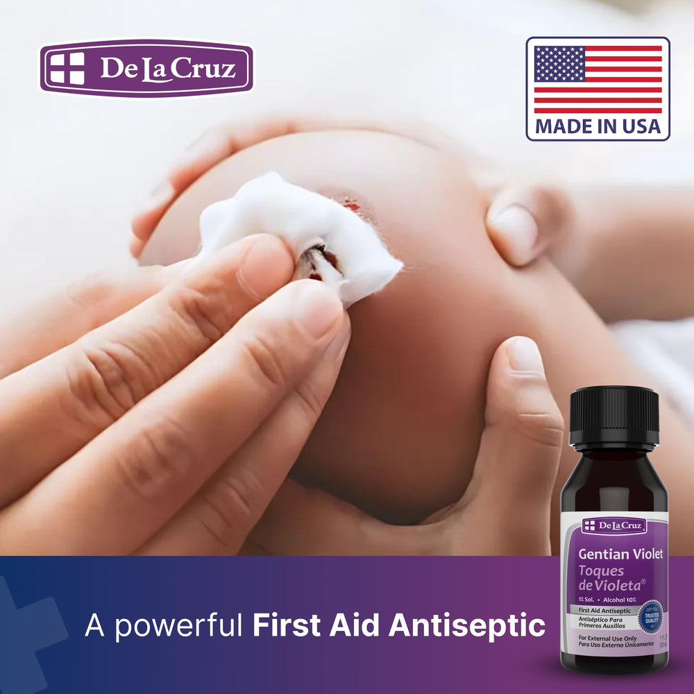 De La Cruz Gentian Violet 1% bottle shows purple stain detail for skin treatment.
