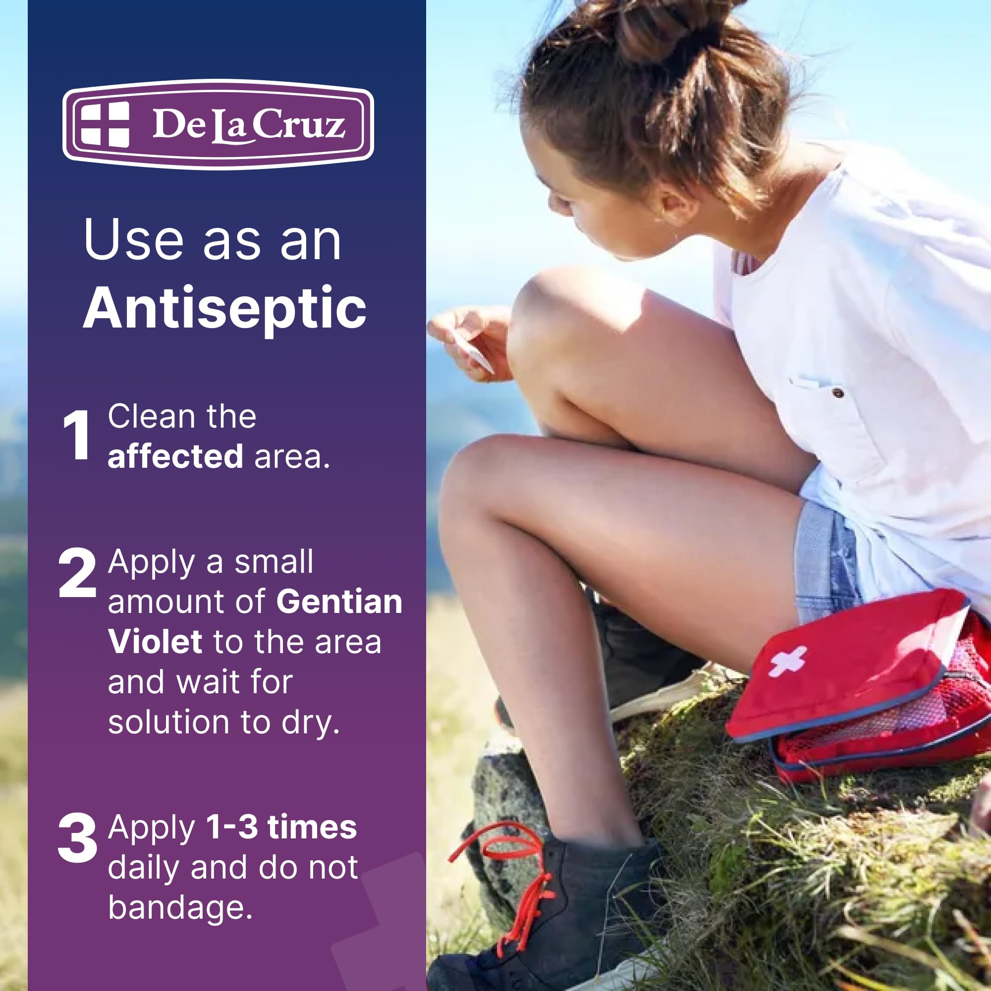Gentian Violet liquid being applied to skin for topical antiseptic use.