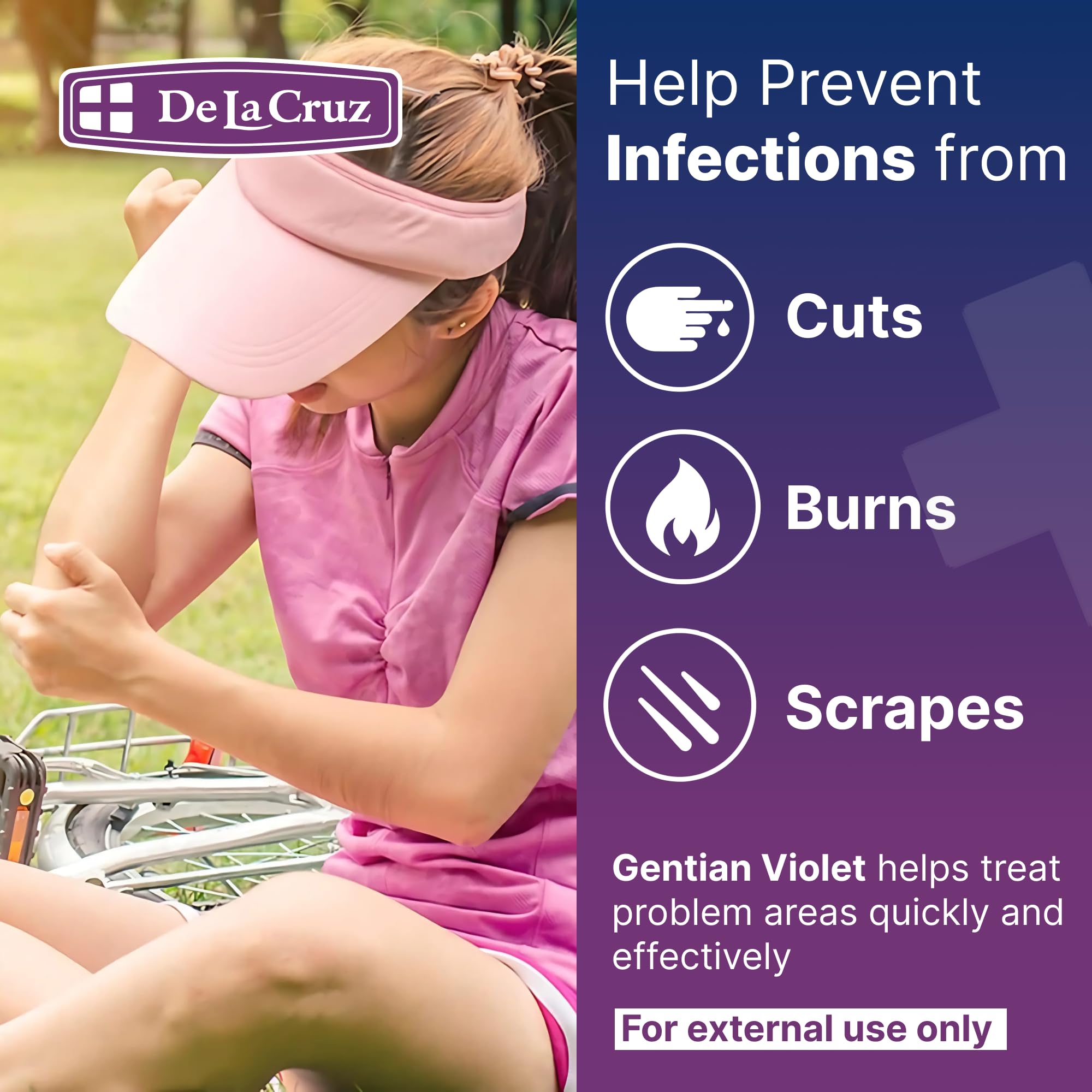 Closeup of De La Cruz Gentian Violet label highlighting 1% solution.