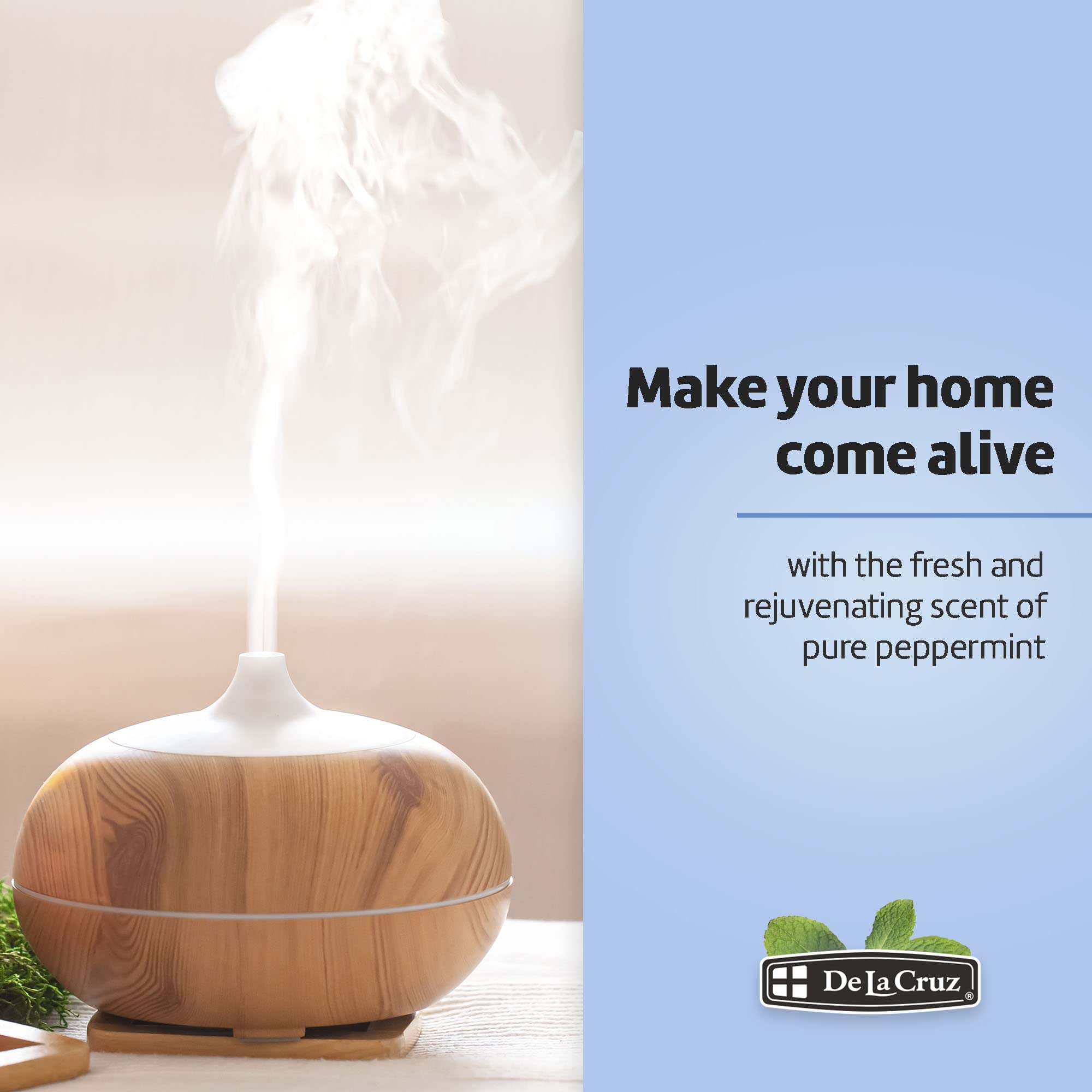 Diffuser scene with De La Cruz Peppermint Oil releasing a mint aroma