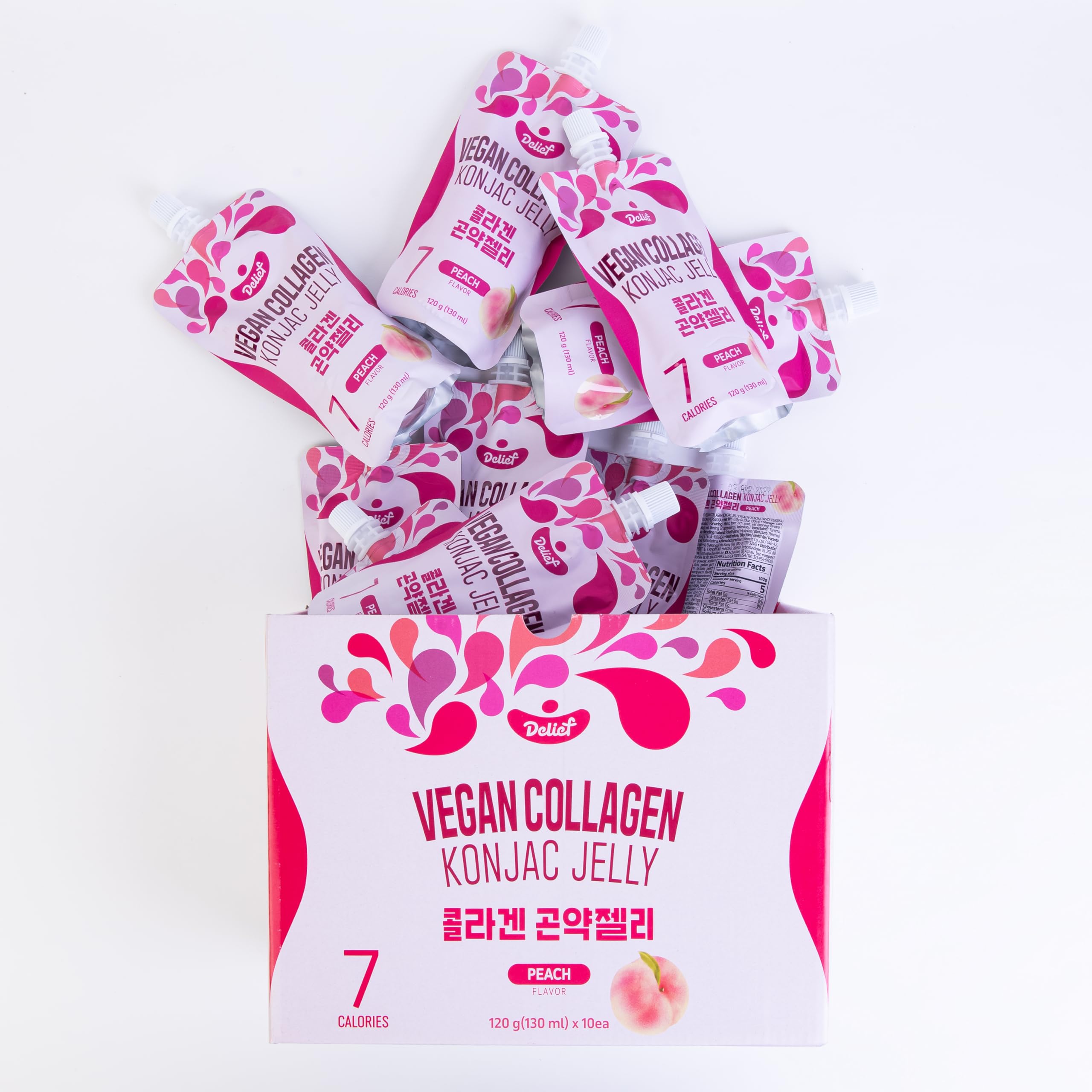 Delief vegan collagen konjac jelly peach in bag beside water bottle