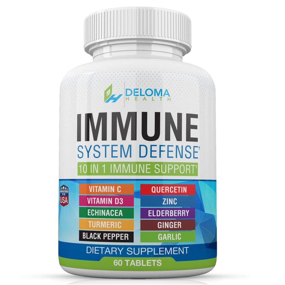 Deloma Health 10 in 1 immune capsule packaging highlights daily wellness support.
