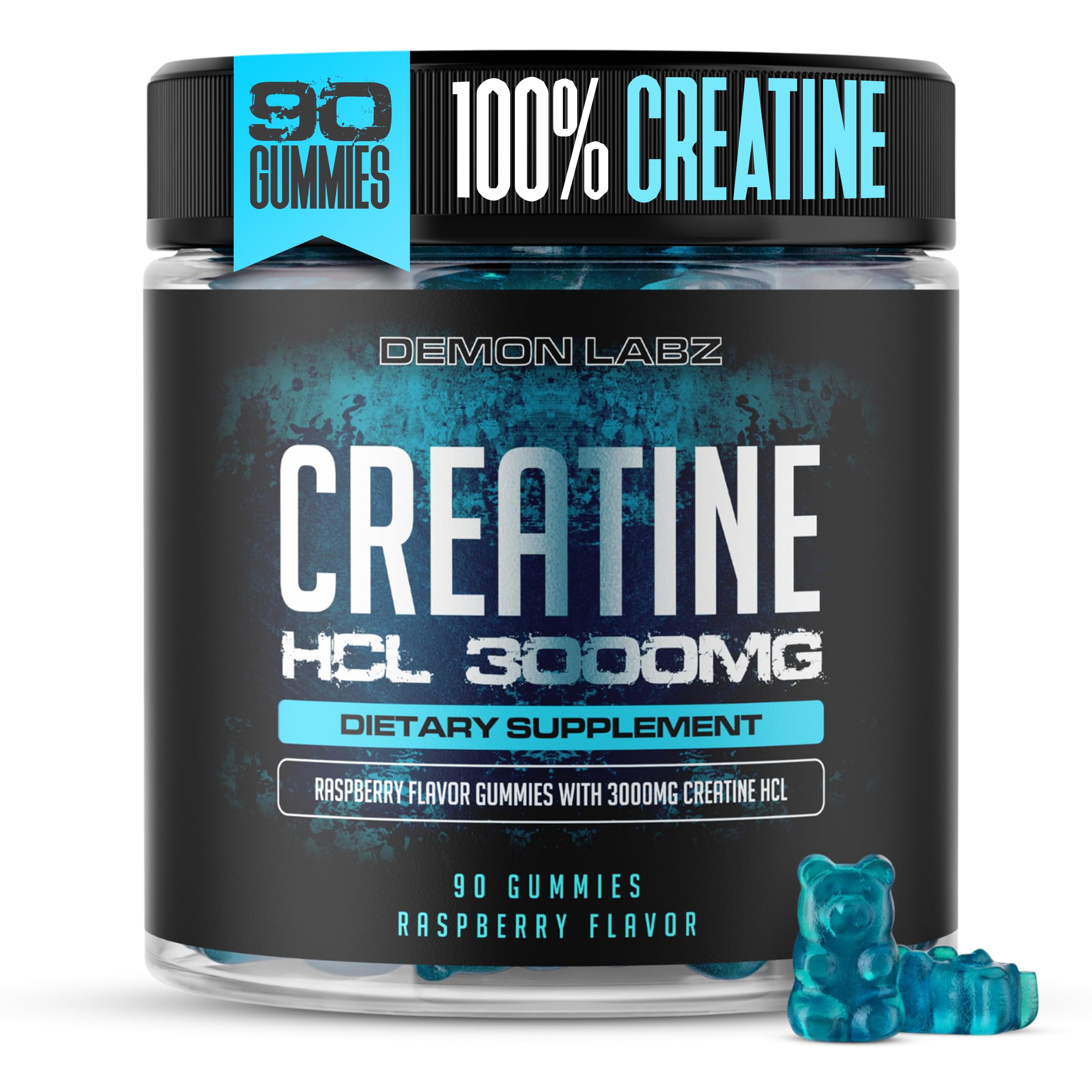 Demon Labz Creatine HCl Gummies raspberry bottle close-up for a bold flavor and easy daily dose