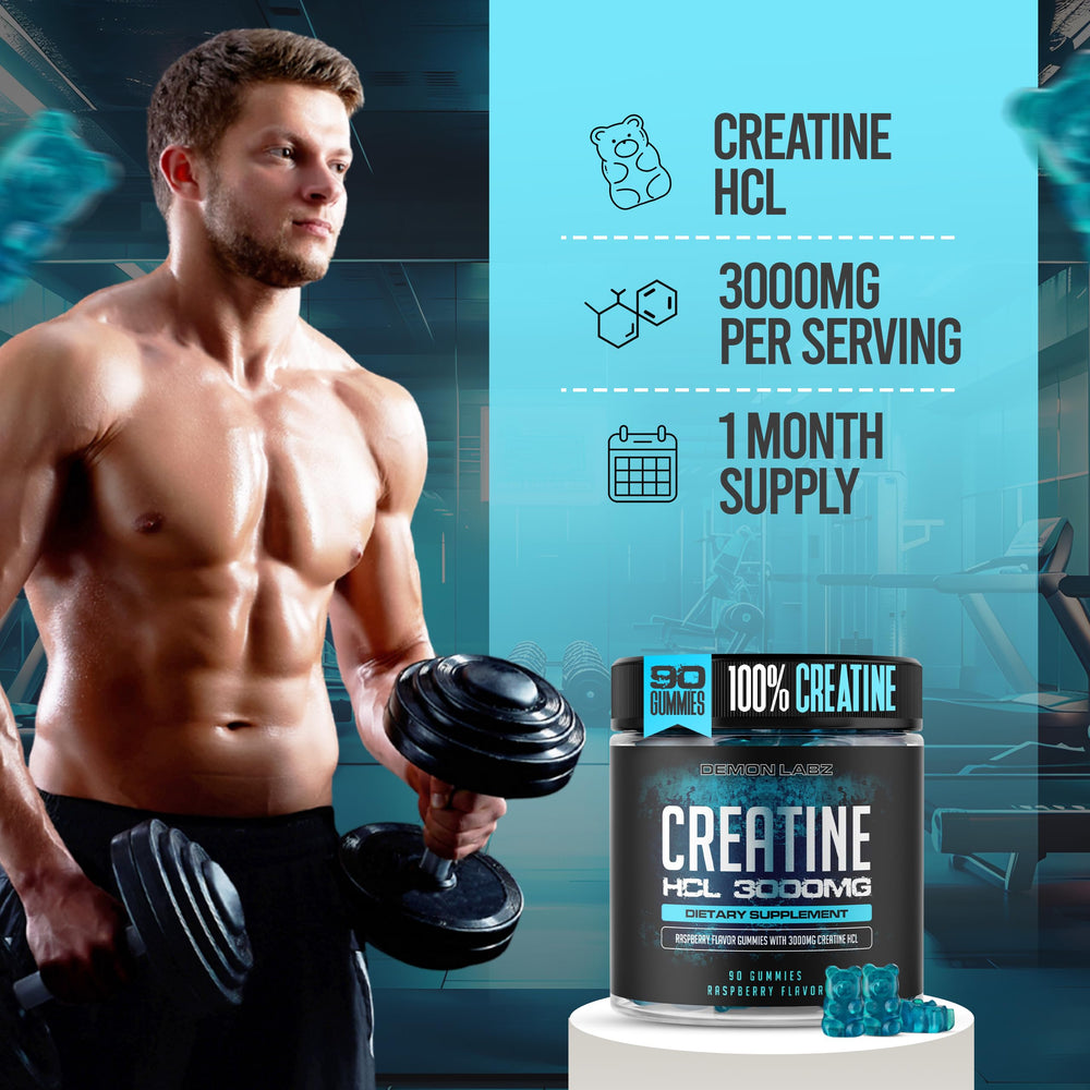 Demon Labz Raspberry flavored Creatine Gummies close-up highlighting chewy texture and enjoyable supplement routine