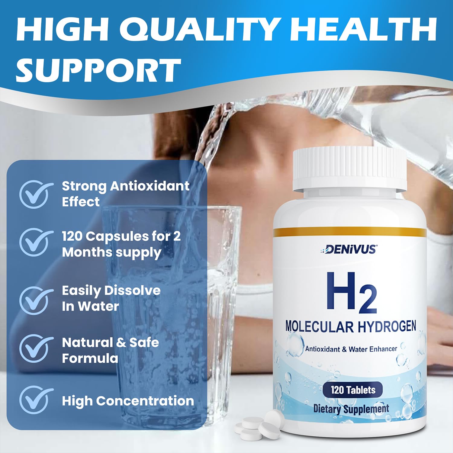 Denivus hydrogen tablets two-pack packaging showing value and convenience.