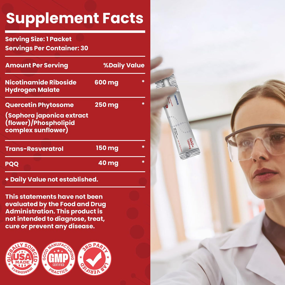 Denivus NAD+ ingredients close-up showing NR and PQQ for cellular energy