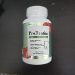 DentimPro bottle side view highlighting daily oral support for fresh breath.