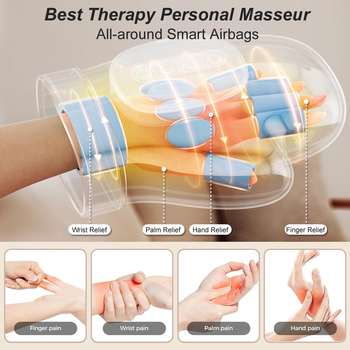 DentJet Smart Hand Massager shows wrist-finger-palm coverage for comprehensive relief after typing.