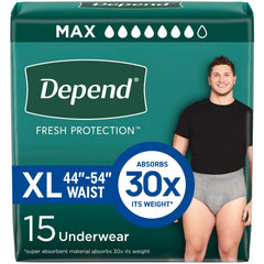 Depend Fresh Protection men's underwear gray 15-count packaging view showing discreet all-day protection