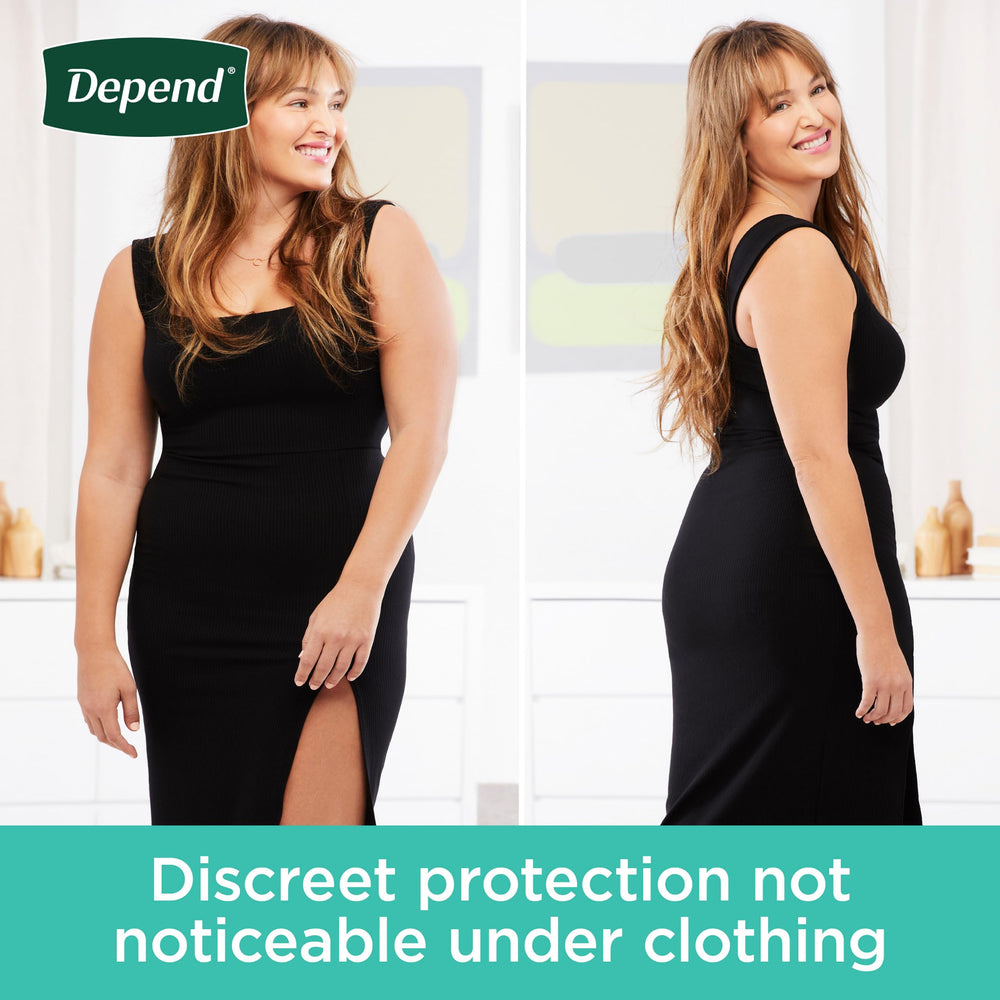 Depend Fresh Protection size chart shows extra-large fit for 45-54 inches.