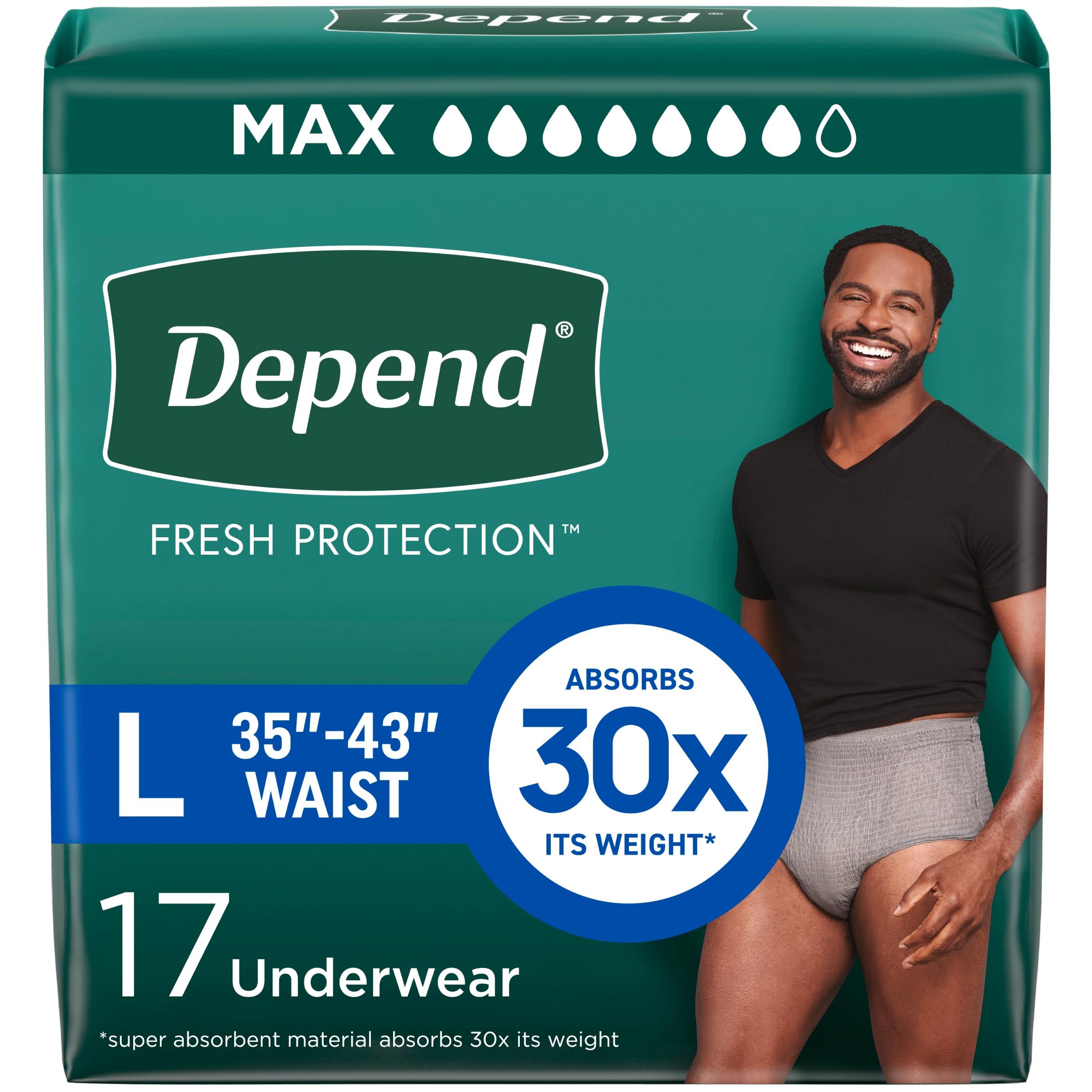 Depend Fresh Protection men's large gray packaging showing reliable all-day protection.