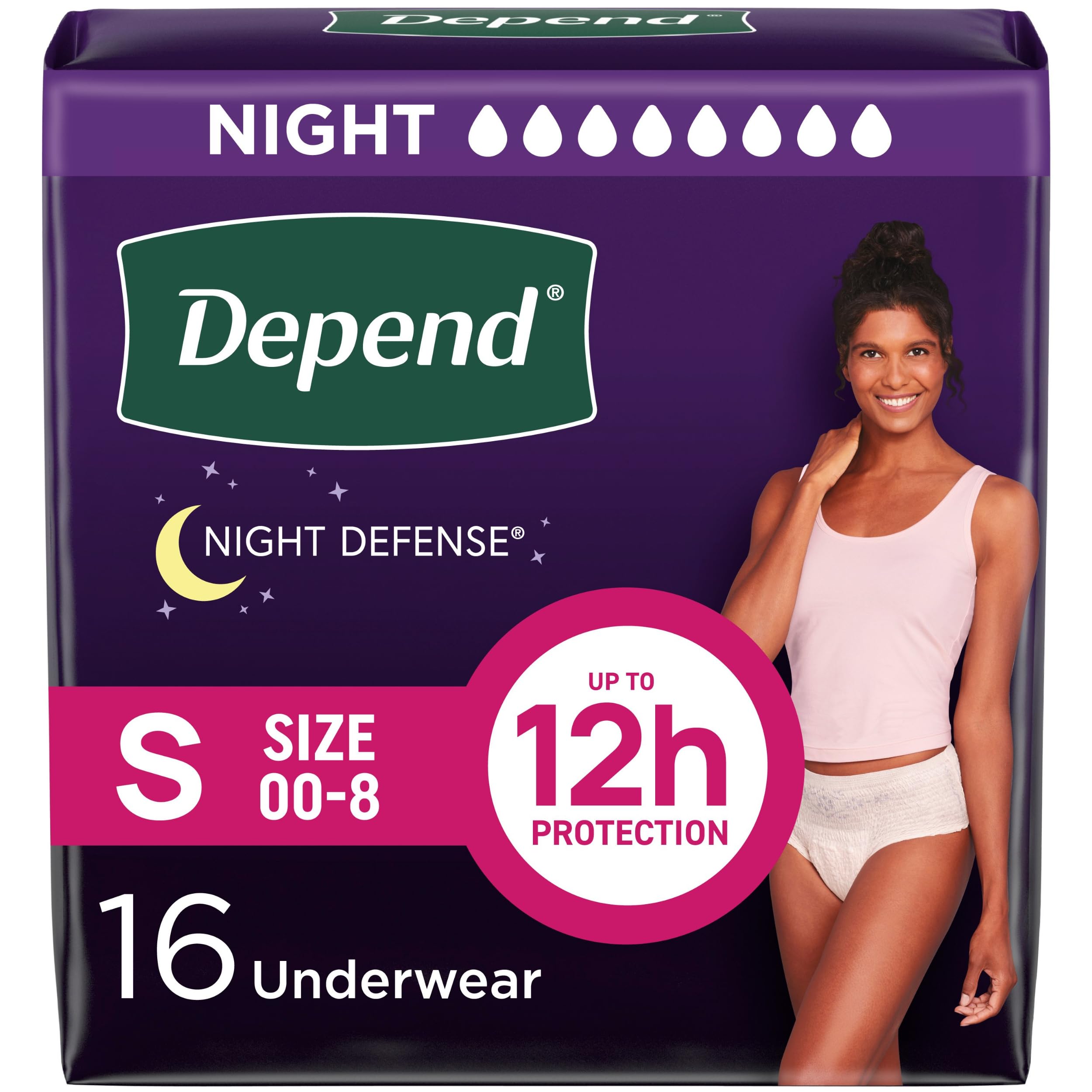 Depend Night Defense overnight absorbency keeps you dry through the night.