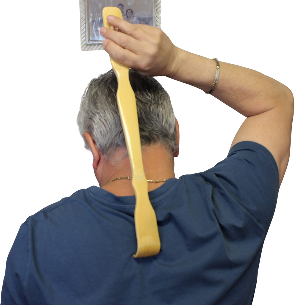 Travel-friendly bamboo back scratcher fits bags for daily self-care on the go.