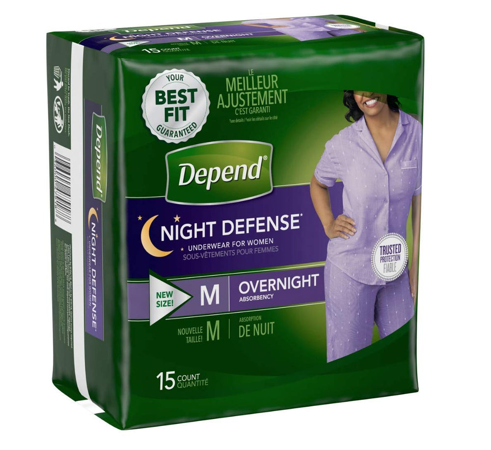 Depends Women discreet beige overnight underwear worn under sleepwear.