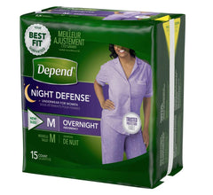 Depends Women night defense underwear medium in beige packaging for overnight protection.