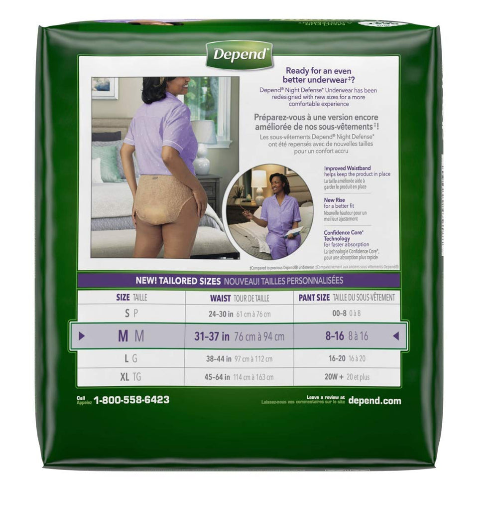 Depends Women night defense underwear with snug waistband for secure overnight wear.