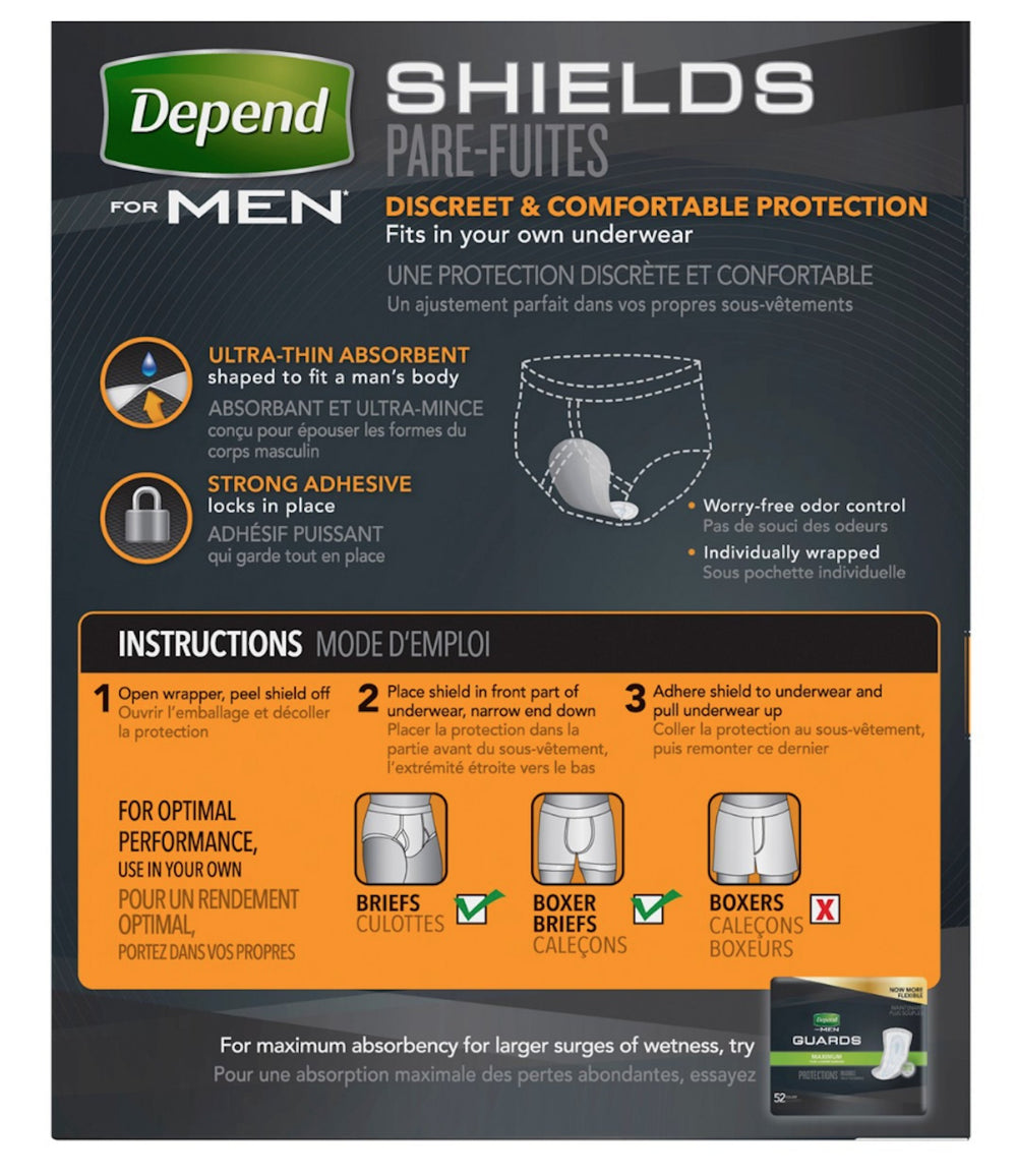 DependsMen Shield light absorbency pad provides comfortable protection for drips.