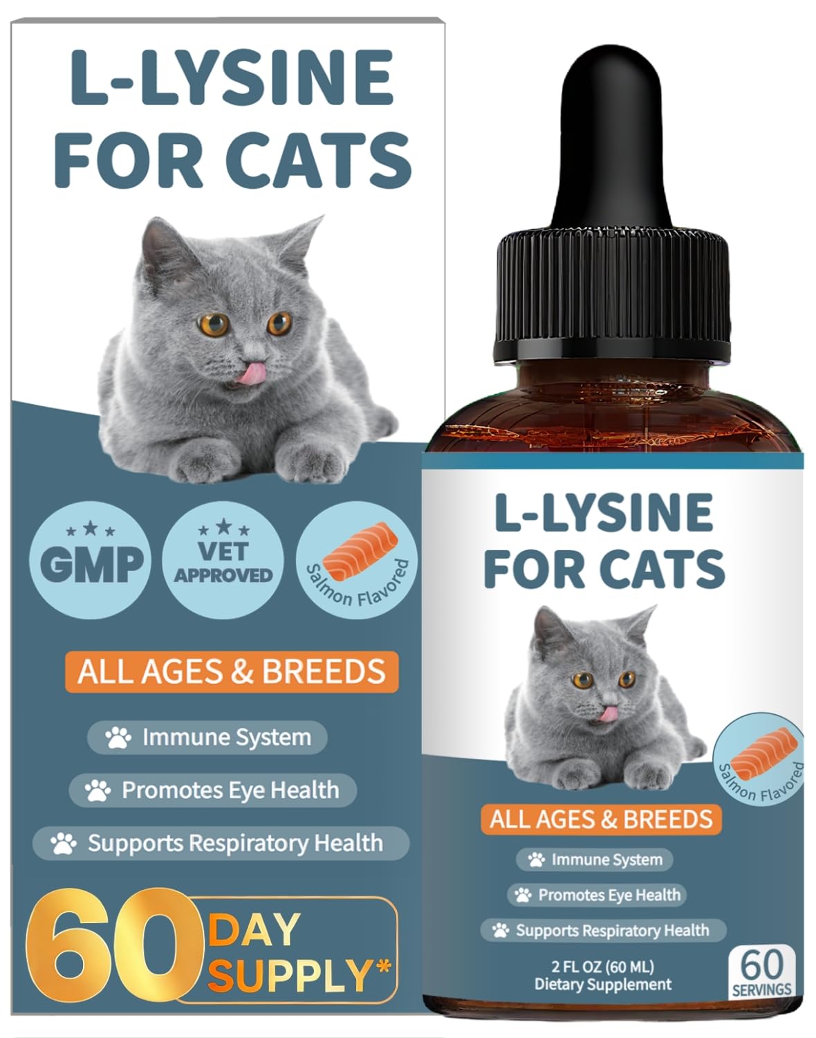 Derggzey L-Lysine for Cats bottle with salmon flavor supports immune and respiratory health.