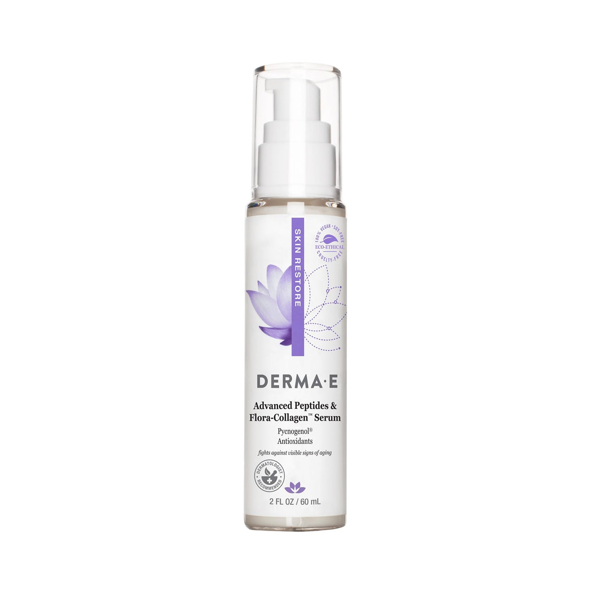 DERMA E Advanced Peptides & Flora-Collagen Serum bottle close-up showing silky hydration